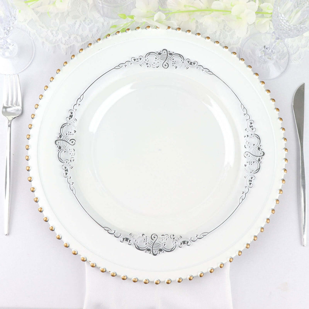 10 - Pack Plastic 10" Round Dinner Plates in Clear with Silver Leaf Embossed Rim - Disposable Vintage Baroque Style Plates - Bell Racket Store
