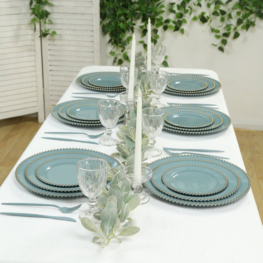 10 - Pack Plastic 10" Round Dinner Plates in Dusty Blue with Gold Beaded Rim - Disposable Party Plates for Banquets & Festive Occasions - Bell Racket Store