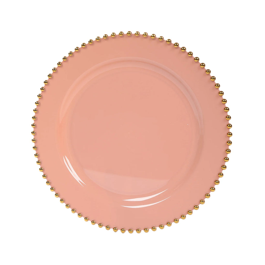 10 - Pack Plastic 10" Round Dinner Plates in Dusty Rose with Gold Beaded Rim - Disposable Party Plates for Banquets & Festive Occasions - Bell Racket Store