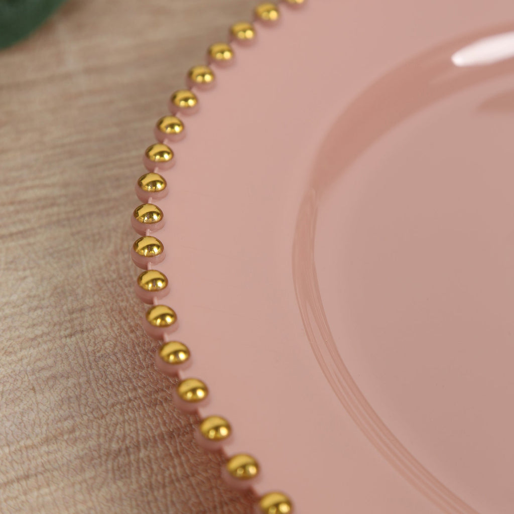 10 - Pack Plastic 10" Round Dinner Plates in Dusty Rose with Gold Beaded Rim - Disposable Party Plates for Banquets & Festive Occasions - Bell Racket Store