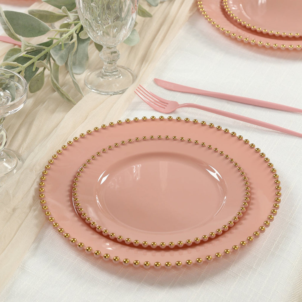 10 - Pack Plastic 10" Round Dinner Plates in Dusty Rose with Gold Beaded Rim - Disposable Party Plates for Banquets & Festive Occasions - Bell Racket Store