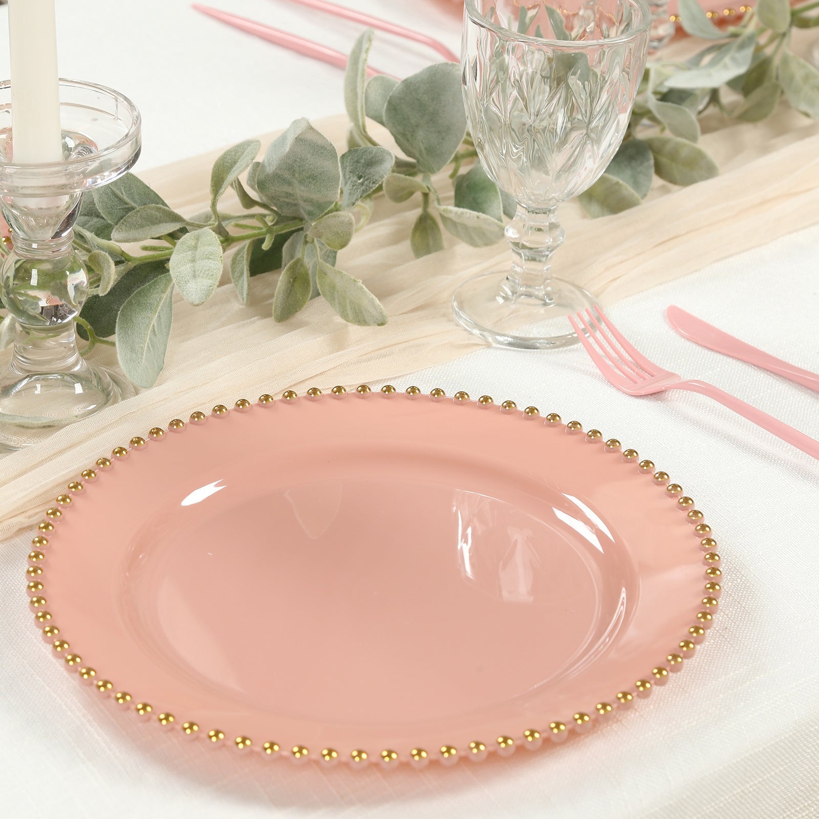 10 - Pack Plastic 10" Round Dinner Plates in Dusty Rose with Gold Beaded Rim - Disposable Party Plates for Banquets & Festive Occasions - Bell Racket Store