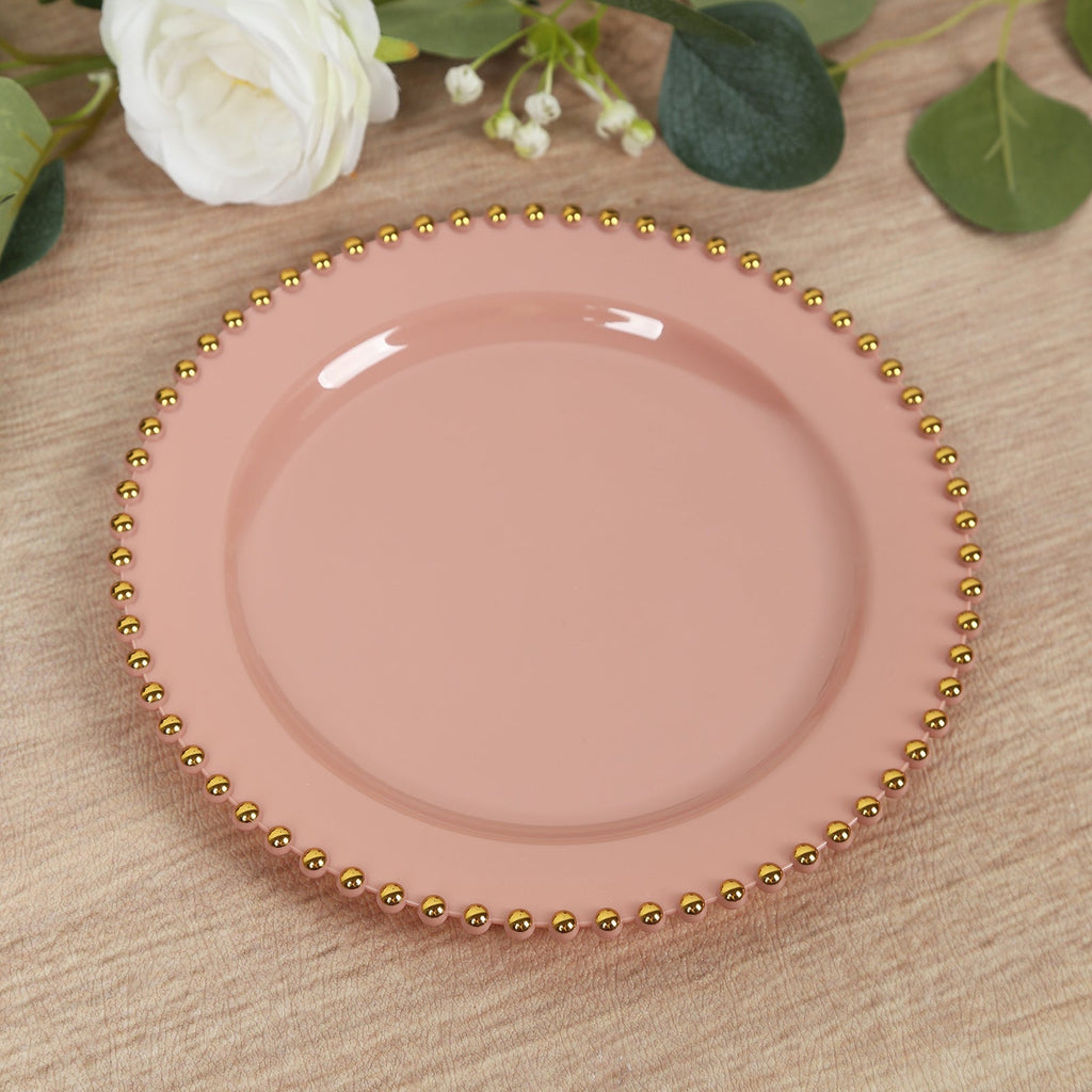 10 - Pack Plastic 10" Round Dinner Plates in Dusty Rose with Gold Beaded Rim - Disposable Party Plates for Banquets & Festive Occasions - Bell Racket Store