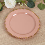 10 - Pack Plastic 10" Round Dinner Plates in Dusty Rose with Gold Beaded Rim - Disposable Party Plates for Banquets & Festive Occasions - Bell Racket Store
