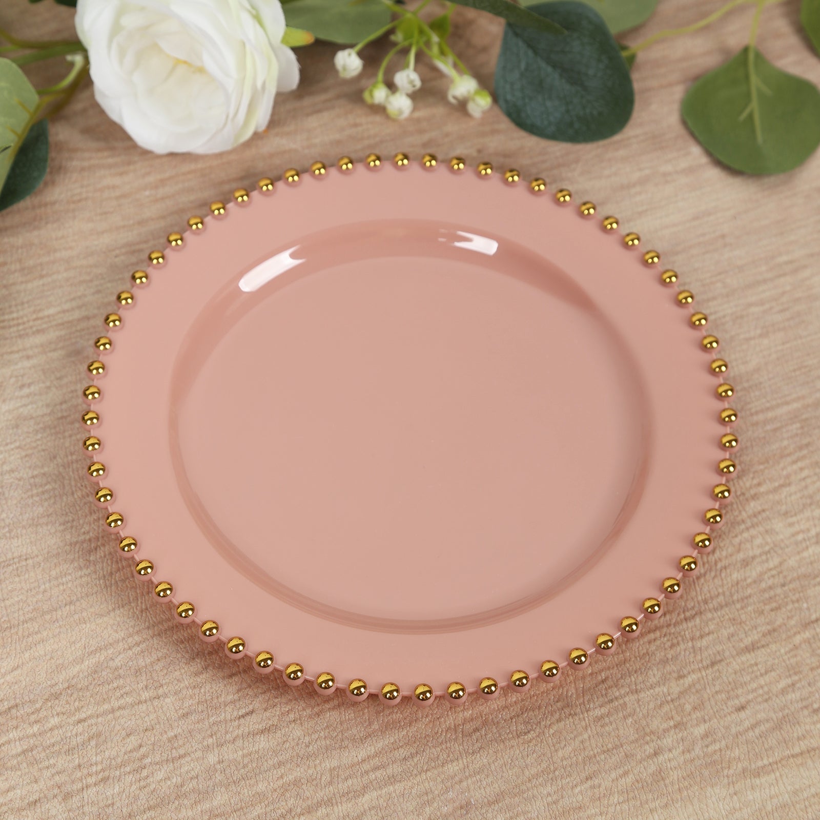 10 - Pack Plastic 10" Round Dinner Plates in Dusty Rose with Gold Beaded Rim - Disposable Party Plates for Banquets & Festive Occasions - Bell Racket Store