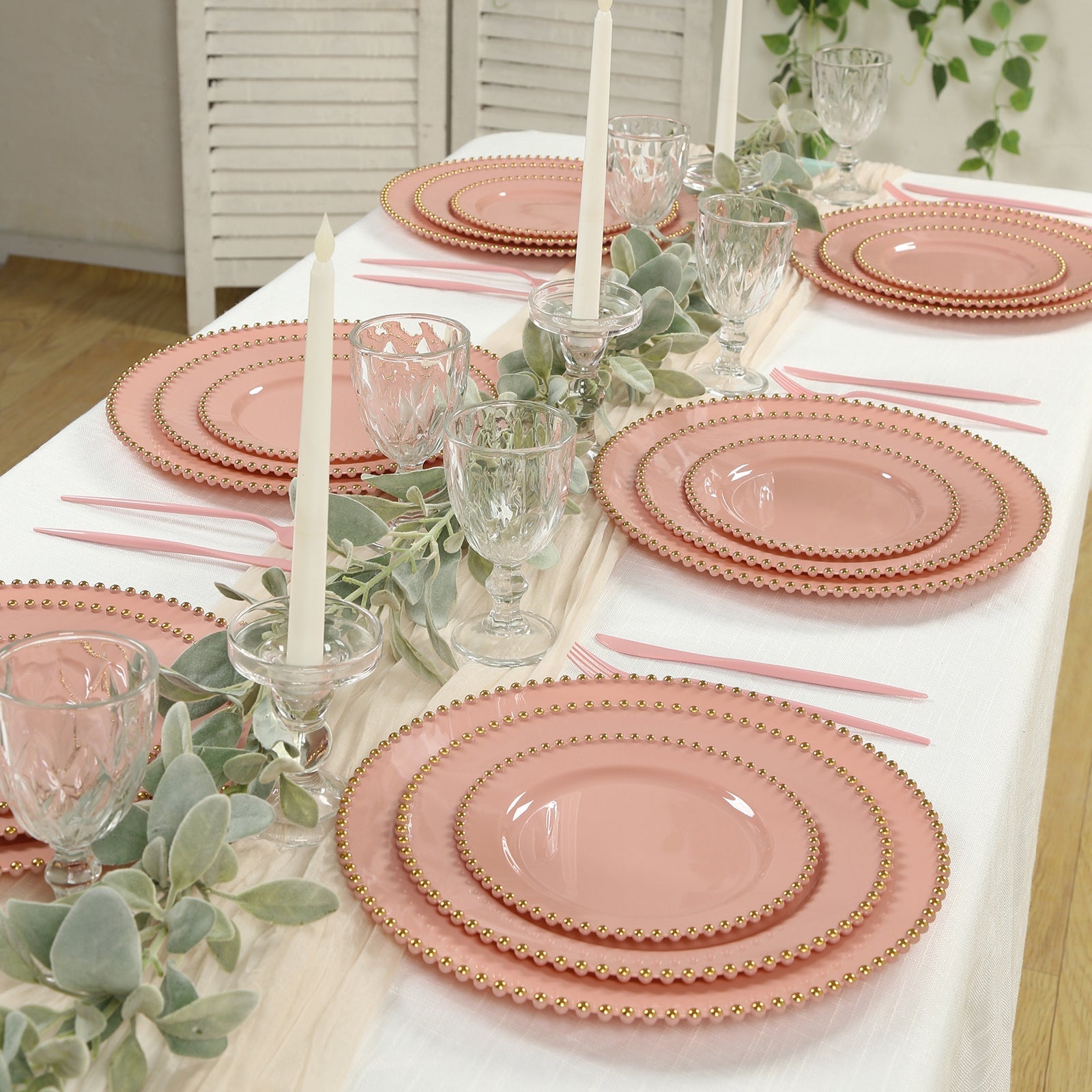 10 - Pack Plastic 10" Round Dinner Plates in Dusty Rose with Gold Beaded Rim - Disposable Party Plates for Banquets & Festive Occasions - Bell Racket Store