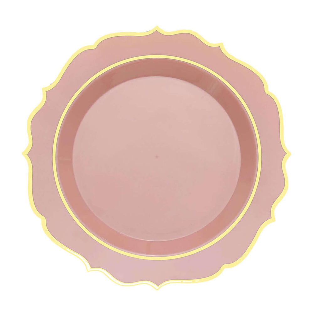 10 - Pack Plastic 10" Round Dinner Plates in Dusty Rose with Gold Scalloped Rim - Disposable Party Plates - Bell Racket Store