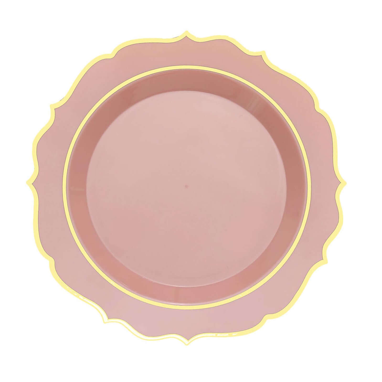 10 - Pack Plastic 10" Round Dinner Plates in Dusty Rose with Gold Scalloped Rim - Disposable Party Plates - Bell Racket Store