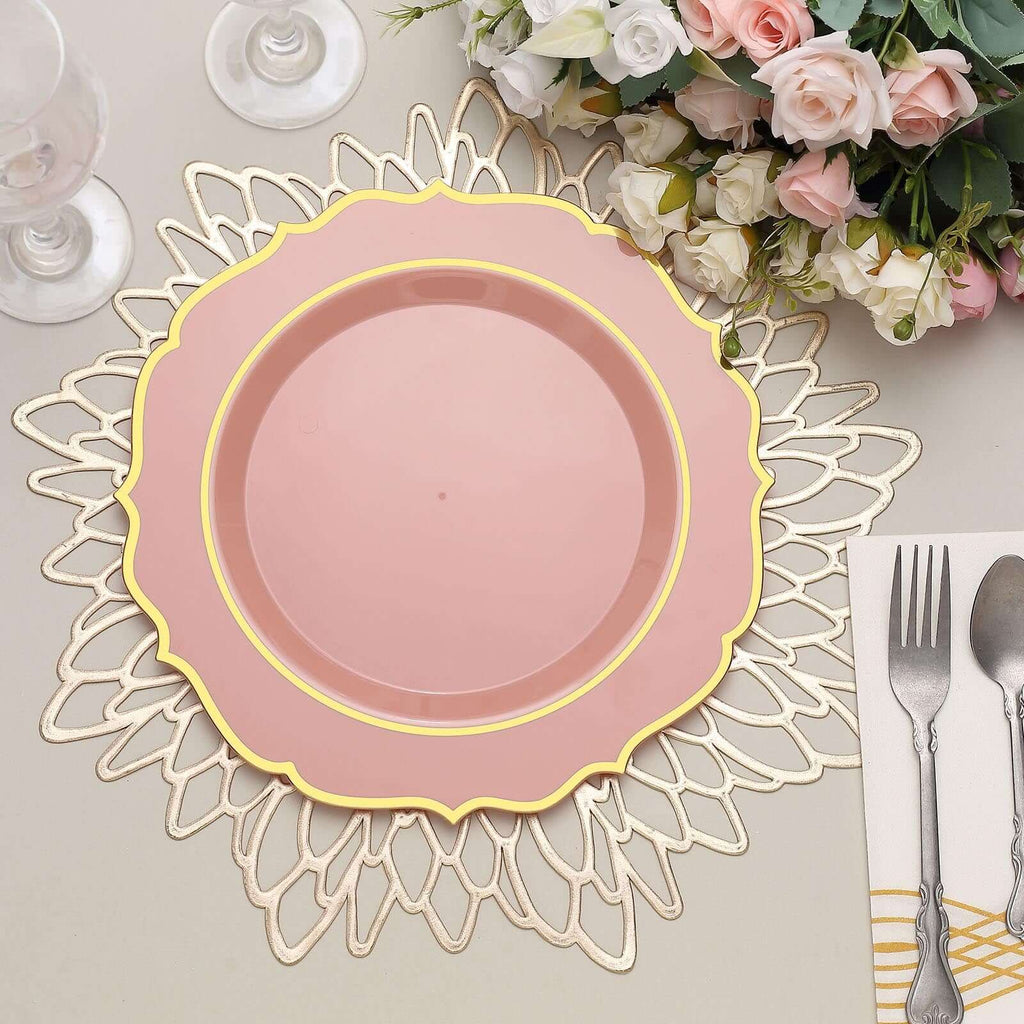 10 - Pack Plastic 10" Round Dinner Plates in Dusty Rose with Gold Scalloped Rim - Disposable Party Plates - Bell Racket Store