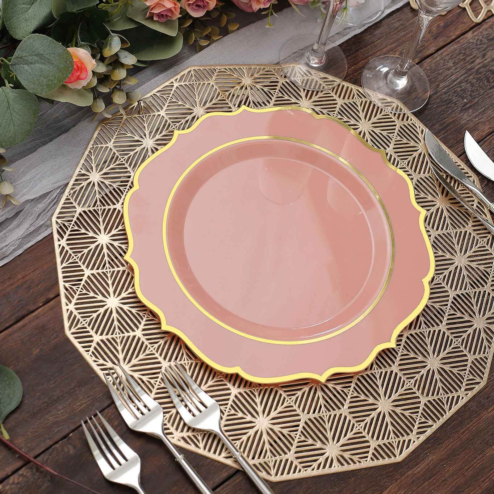 10 - Pack Plastic 10" Round Dinner Plates in Dusty Rose with Gold Scalloped Rim - Disposable Party Plates - Bell Racket Store