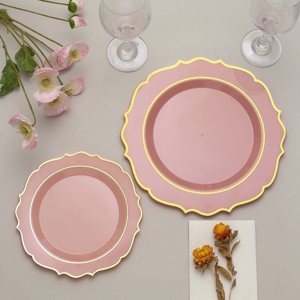 10 - Pack Plastic 10" Round Dinner Plates in Dusty Rose with Gold Scalloped Rim - Disposable Party Plates - Bell Racket Store