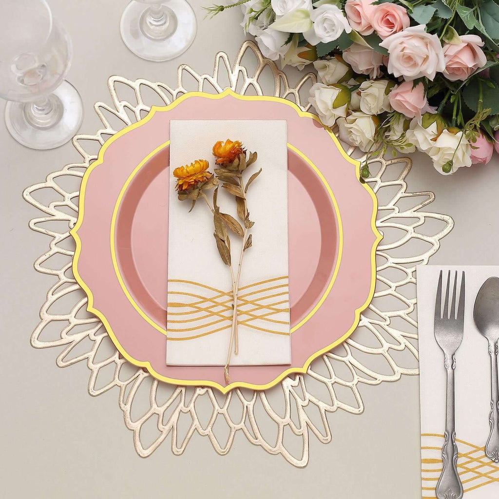 10 - Pack Plastic 10" Round Dinner Plates in Dusty Rose with Gold Scalloped Rim - Disposable Party Plates - Bell Racket Store