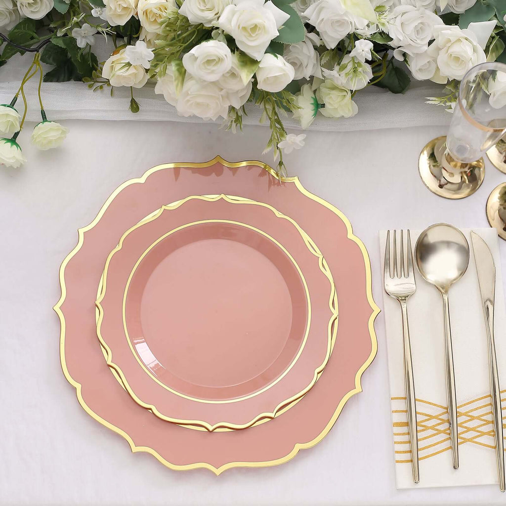 10 - Pack Plastic 10" Round Dinner Plates in Dusty Rose with Gold Scalloped Rim - Disposable Party Plates - Bell Racket Store