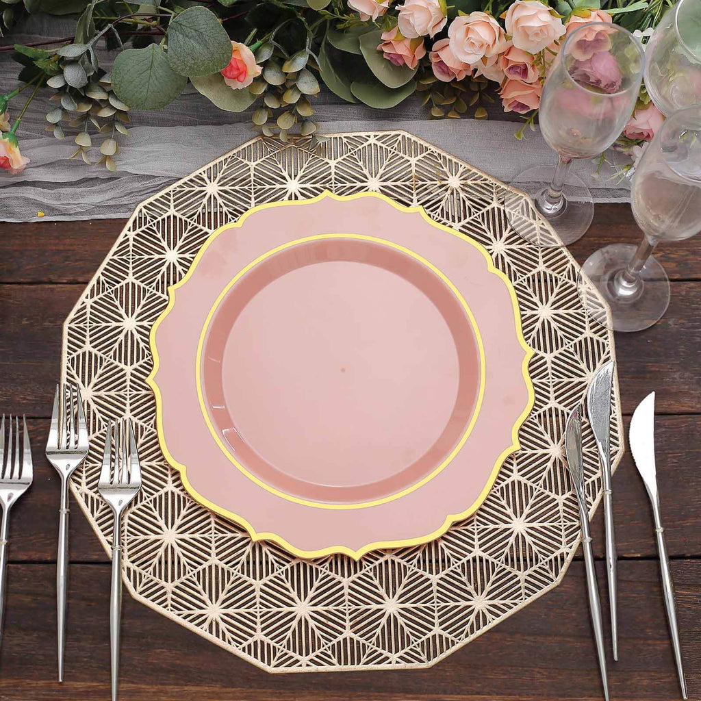 10 - Pack Plastic 10" Round Dinner Plates in Dusty Rose with Gold Scalloped Rim - Disposable Party Plates - Bell Racket Store