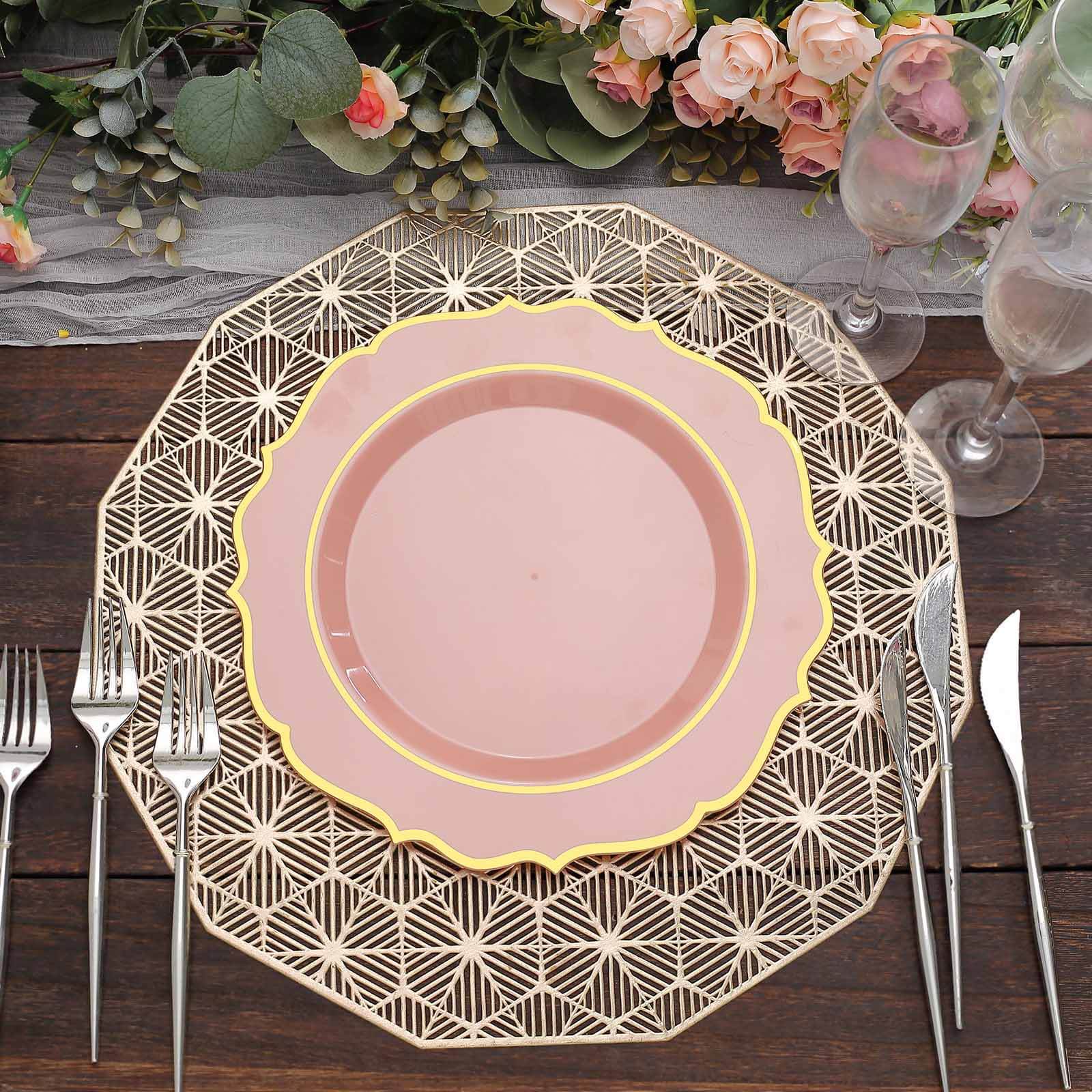 10 - Pack Plastic 10" Round Dinner Plates in Dusty Rose with Gold Scalloped Rim - Disposable Party Plates - Bell Racket Store