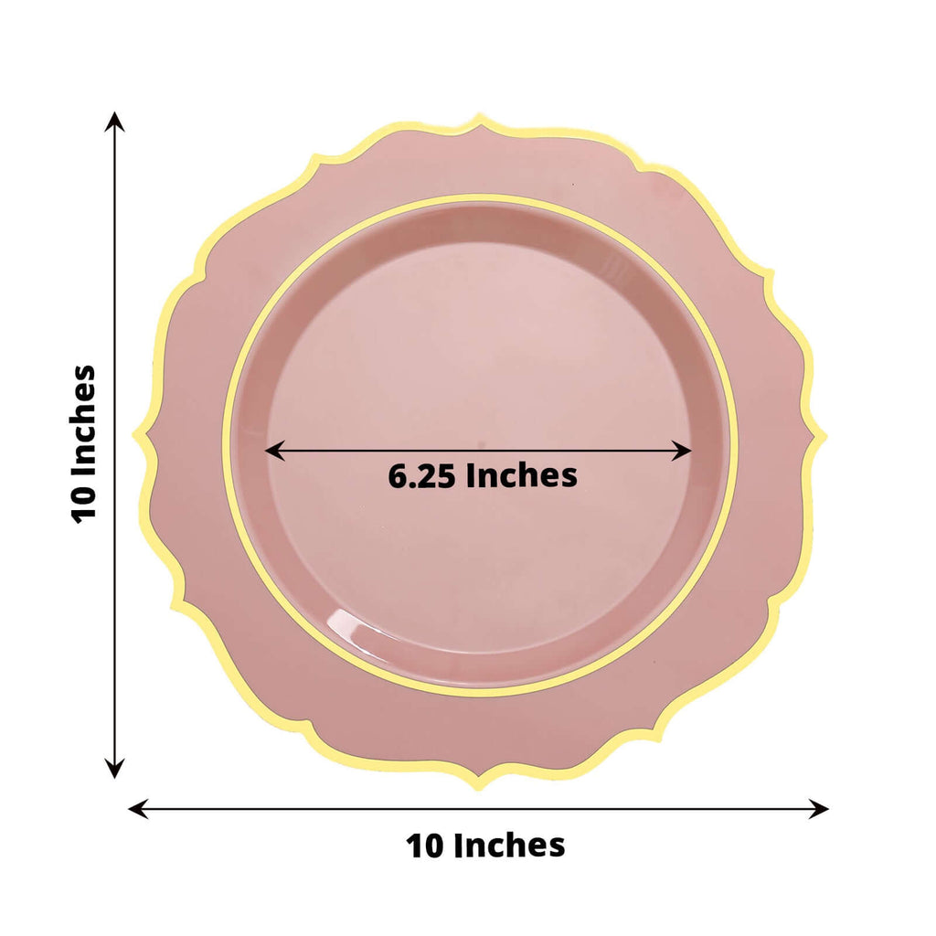 10 - Pack Plastic 10" Round Dinner Plates in Dusty Rose with Gold Scalloped Rim - Disposable Party Plates - Bell Racket Store