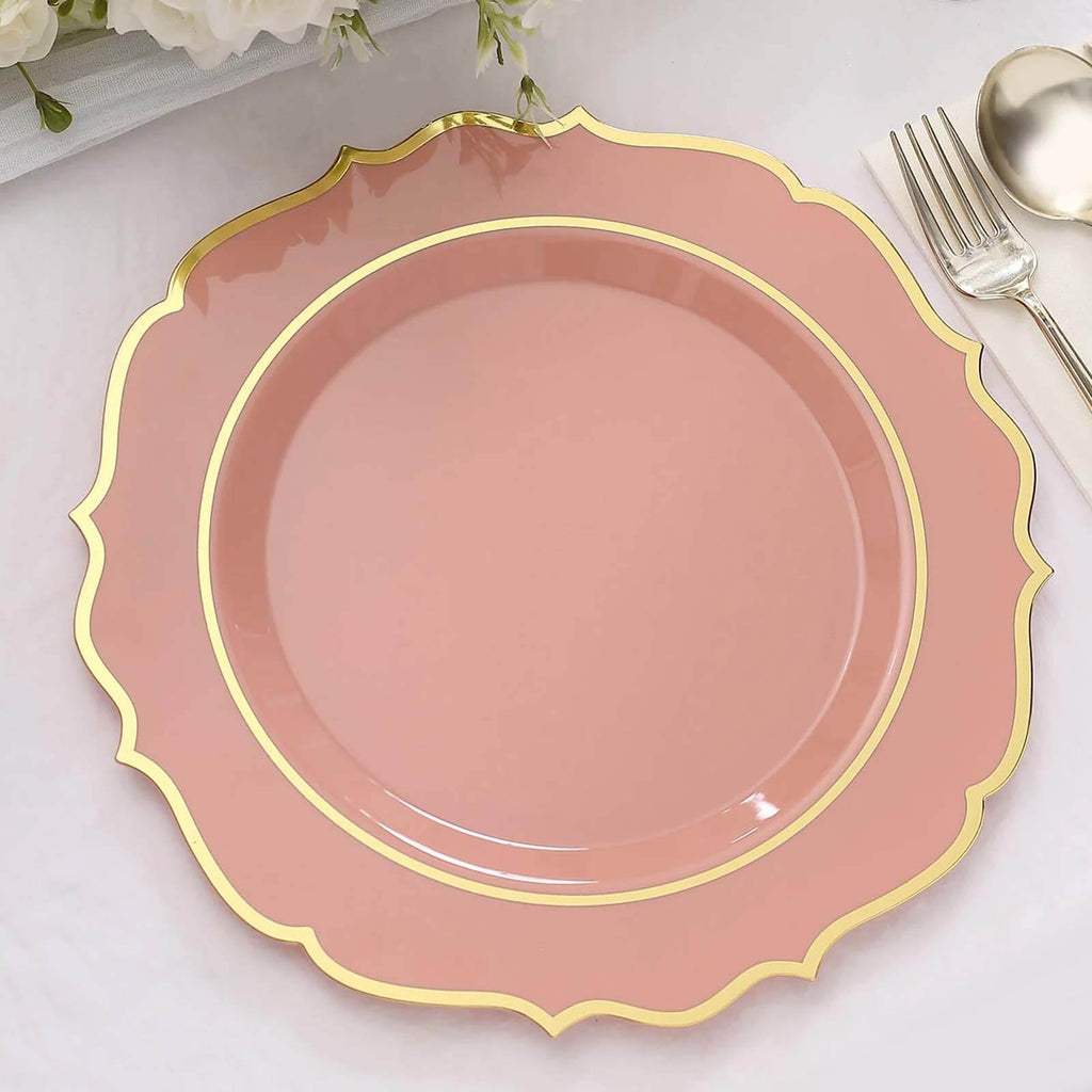 10 - Pack Plastic 10" Round Dinner Plates in Dusty Rose with Gold Scalloped Rim - Disposable Party Plates - Bell Racket Store