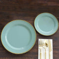 10 - Pack Plastic 10" Round Dinner Plates in Dusty Sage Green with Gold Beaded Rim - Disposable Party Plates for Banquets & Festive Occasions - Bell Racket Store
