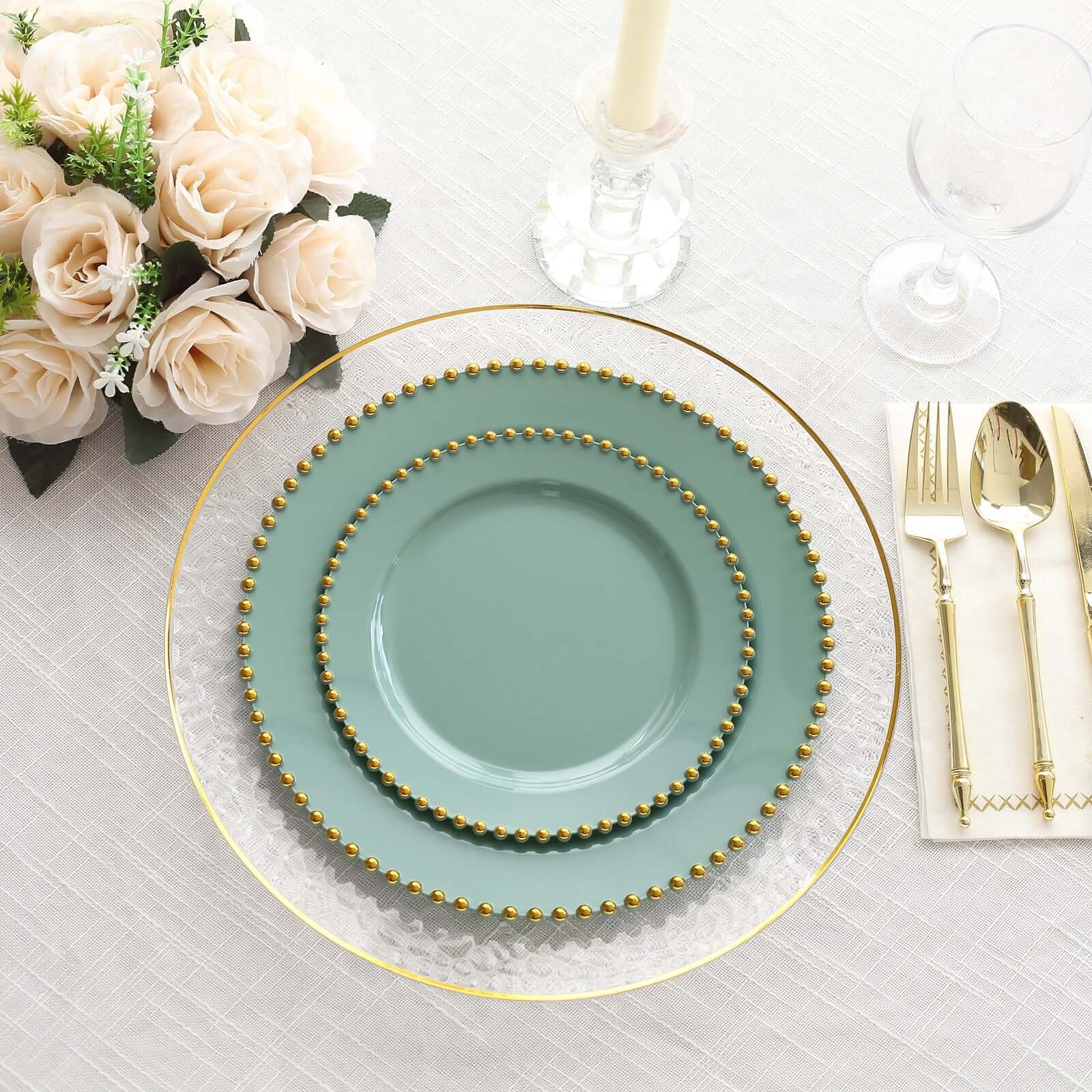 10 - Pack Plastic 10" Round Dinner Plates in Dusty Sage Green with Gold Beaded Rim - Disposable Party Plates for Banquets & Festive Occasions - Bell Racket Store