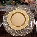 10 - Pack Plastic 10" Round Dinner Plates in Gold with Gold Scalloped Rim - Disposable Party Plates - Bell Racket Store