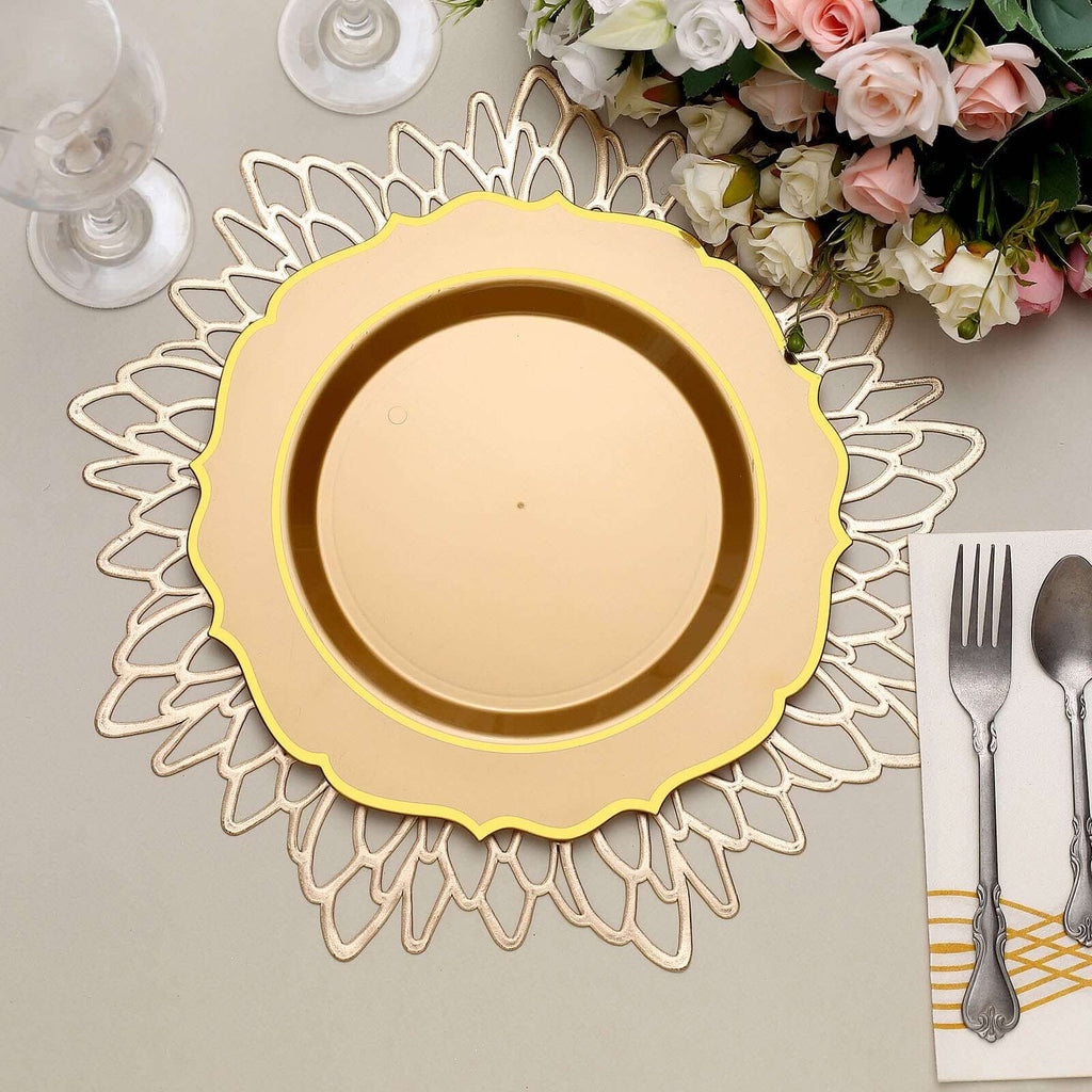 10 - Pack Plastic 10" Round Dinner Plates in Gold with Gold Scalloped Rim - Disposable Party Plates - Bell Racket Store
