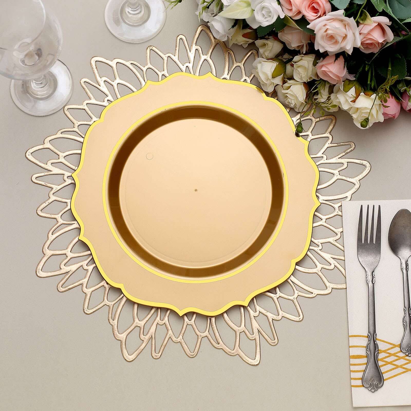 10 - Pack Plastic 10" Round Dinner Plates in Gold with Gold Scalloped Rim - Disposable Party Plates - Bell Racket Store