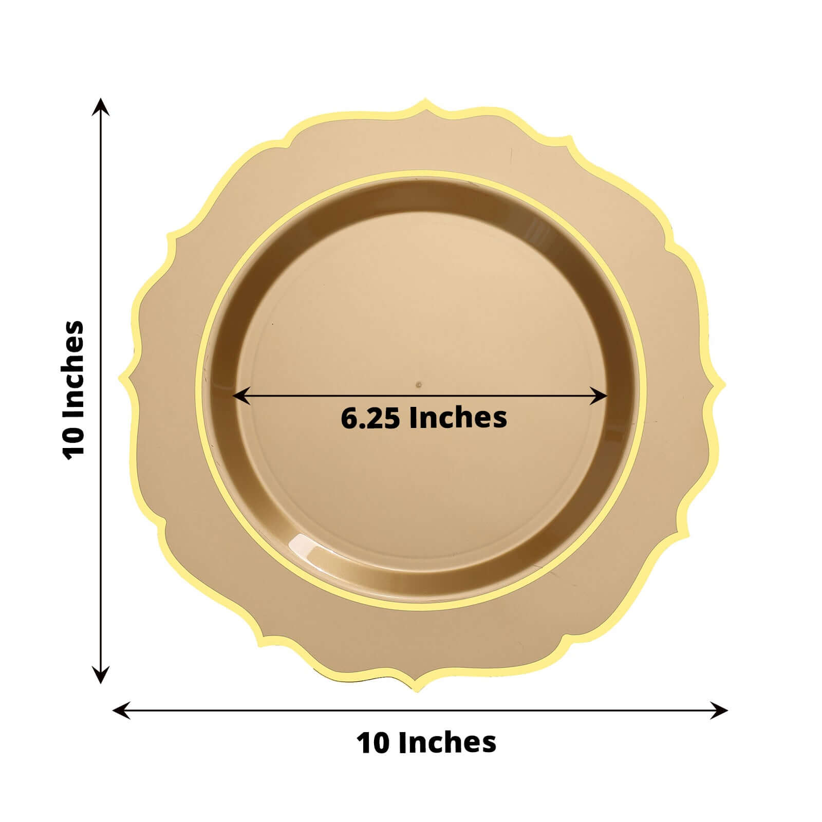 10 - Pack Plastic 10" Round Dinner Plates in Gold with Gold Scalloped Rim - Disposable Party Plates - Bell Racket Store