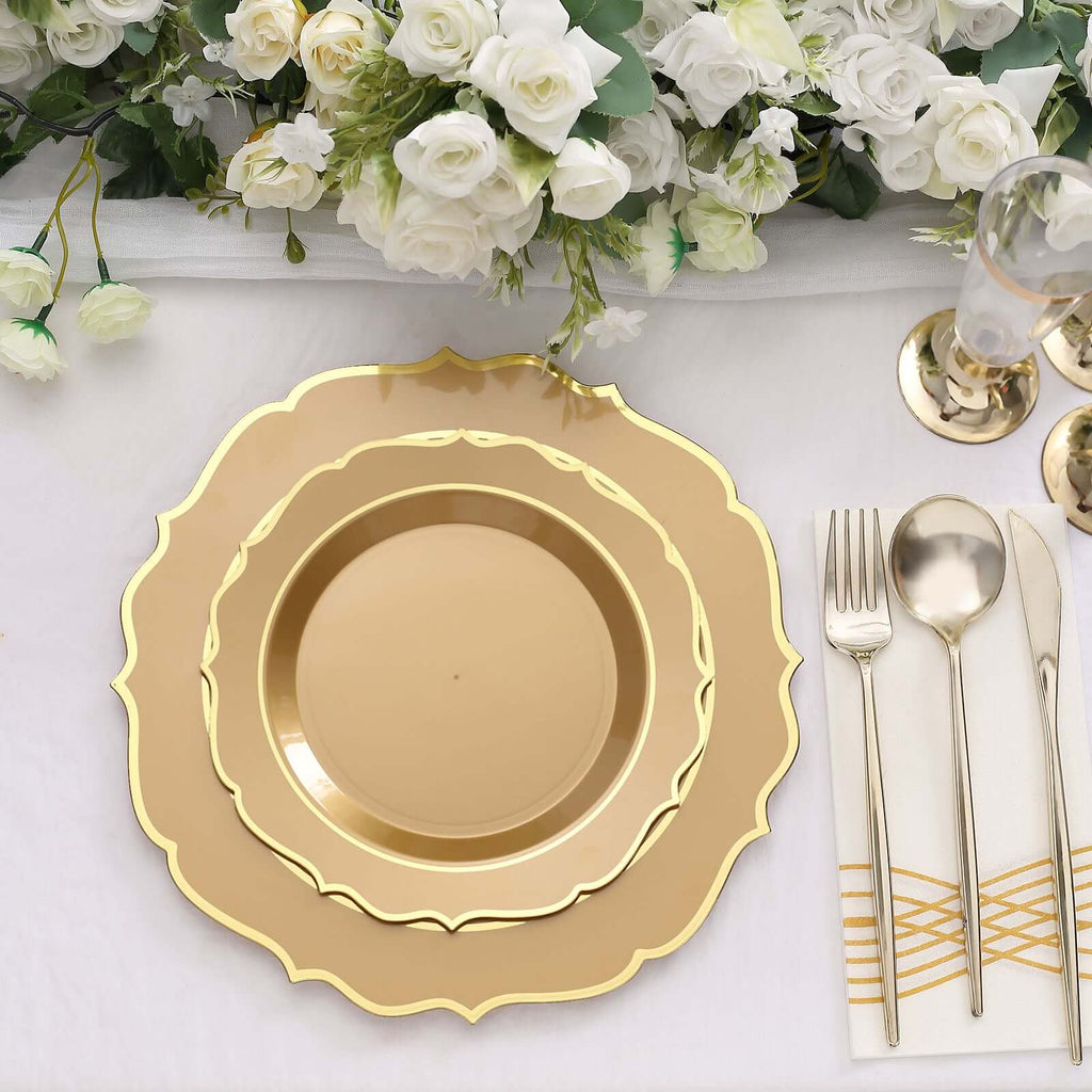 10 - Pack Plastic 10" Round Dinner Plates in Gold with Gold Scalloped Rim - Disposable Party Plates - Bell Racket Store