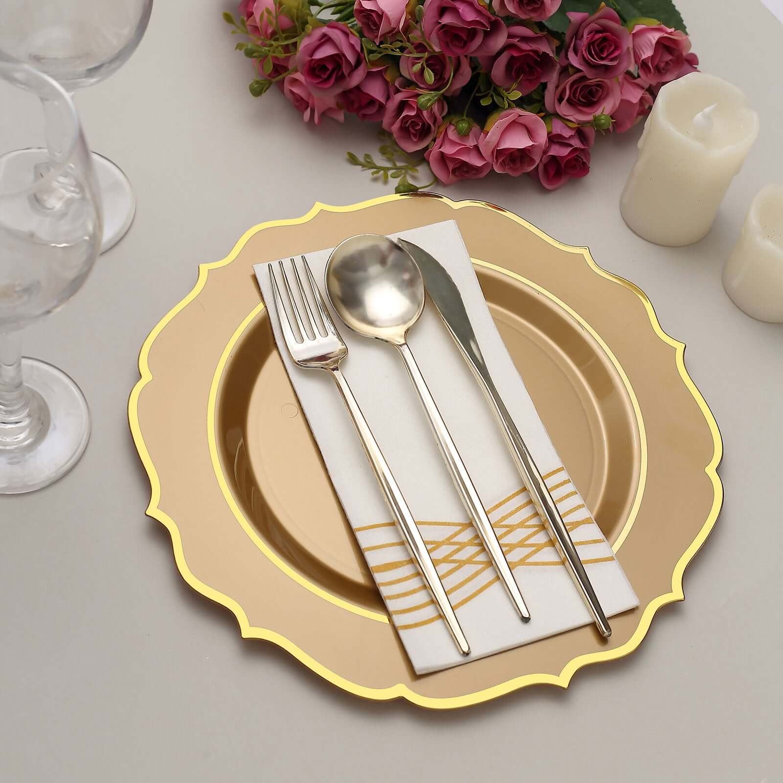 10 - Pack Plastic 10" Round Dinner Plates in Gold with Gold Scalloped Rim - Disposable Party Plates - Bell Racket Store