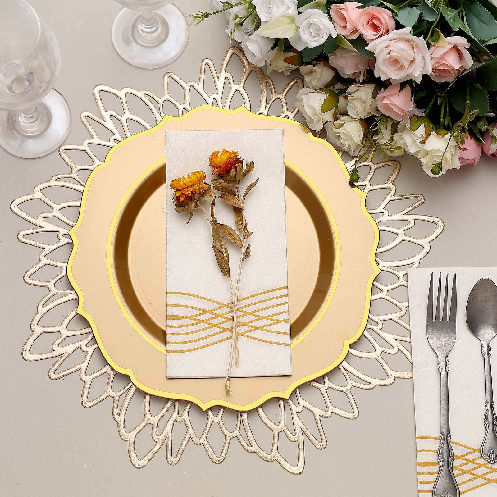 10 - Pack Plastic 10" Round Dinner Plates in Gold with Gold Scalloped Rim - Disposable Party Plates - Bell Racket Store