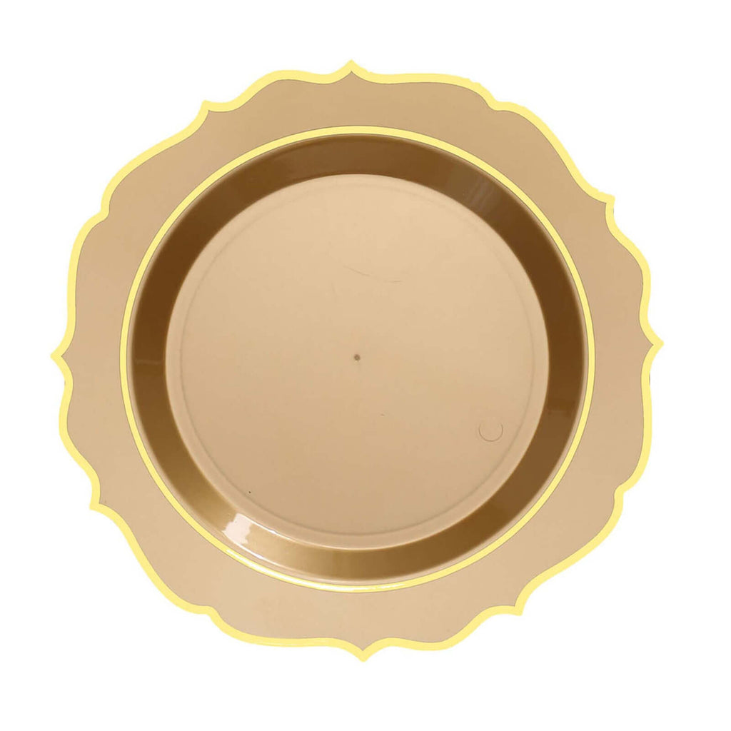 10 - Pack Plastic 10" Round Dinner Plates in Gold with Gold Scalloped Rim - Disposable Party Plates - Bell Racket Store