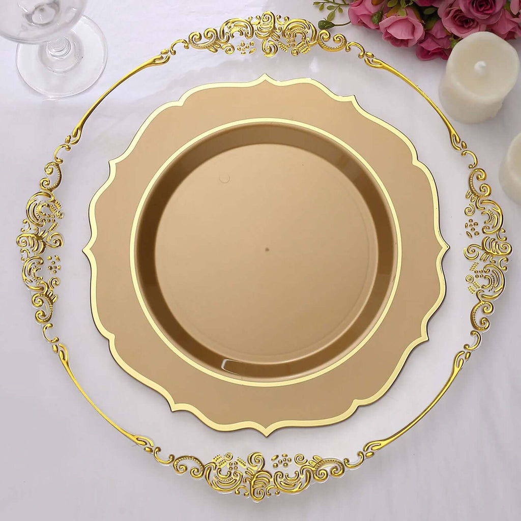 10 - Pack Plastic 10" Round Dinner Plates in Gold with Gold Scalloped Rim - Disposable Party Plates - Bell Racket Store