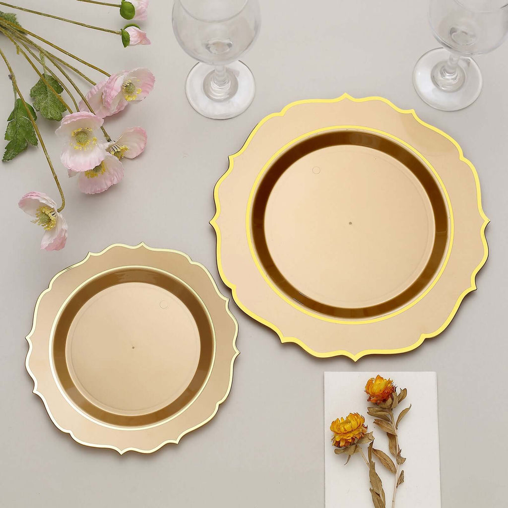 10 - Pack Plastic 10" Round Dinner Plates in Gold with Gold Scalloped Rim - Disposable Party Plates - Bell Racket Store