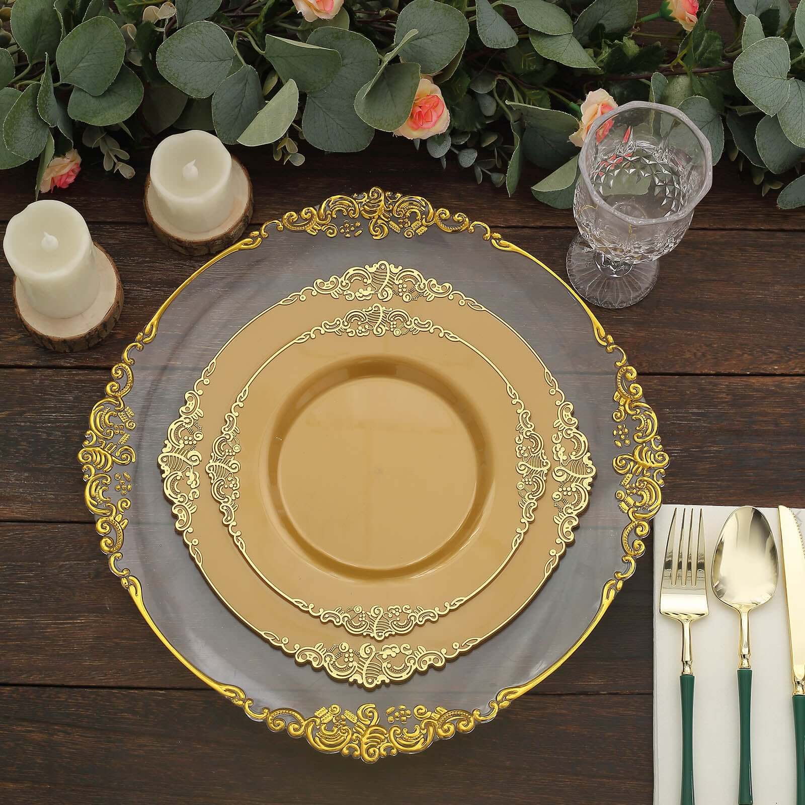 10 - Pack Plastic 10" Round Dinner Plates in Gold with Leaf Embossed Rim - Disposable Vintage Baroque Style Plates for Luxurious Gatherings & Events - Bell Racket Store
