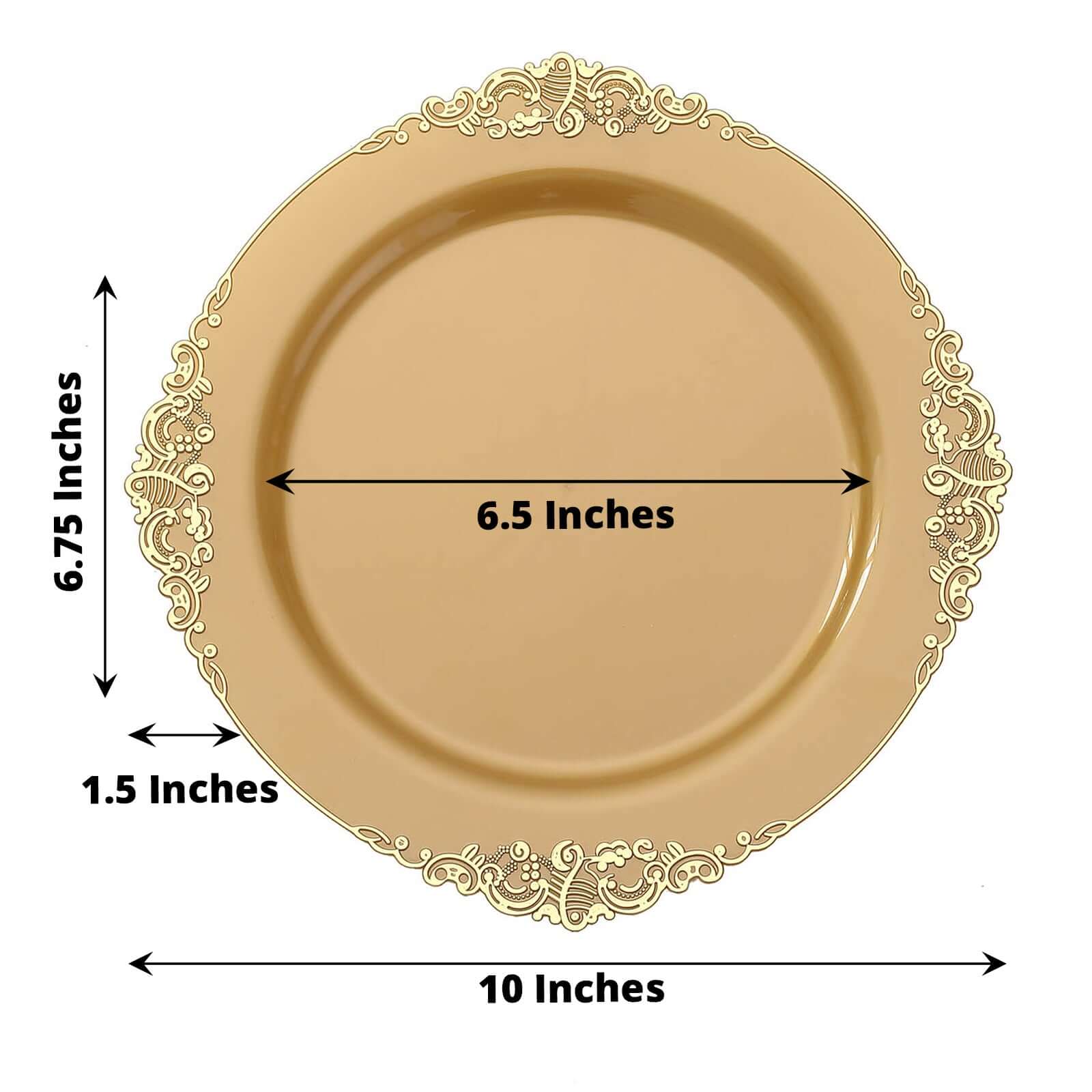 10 - Pack Plastic 10" Round Dinner Plates in Gold with Leaf Embossed Rim - Disposable Vintage Baroque Style Plates for Luxurious Gatherings & Events - Bell Racket Store