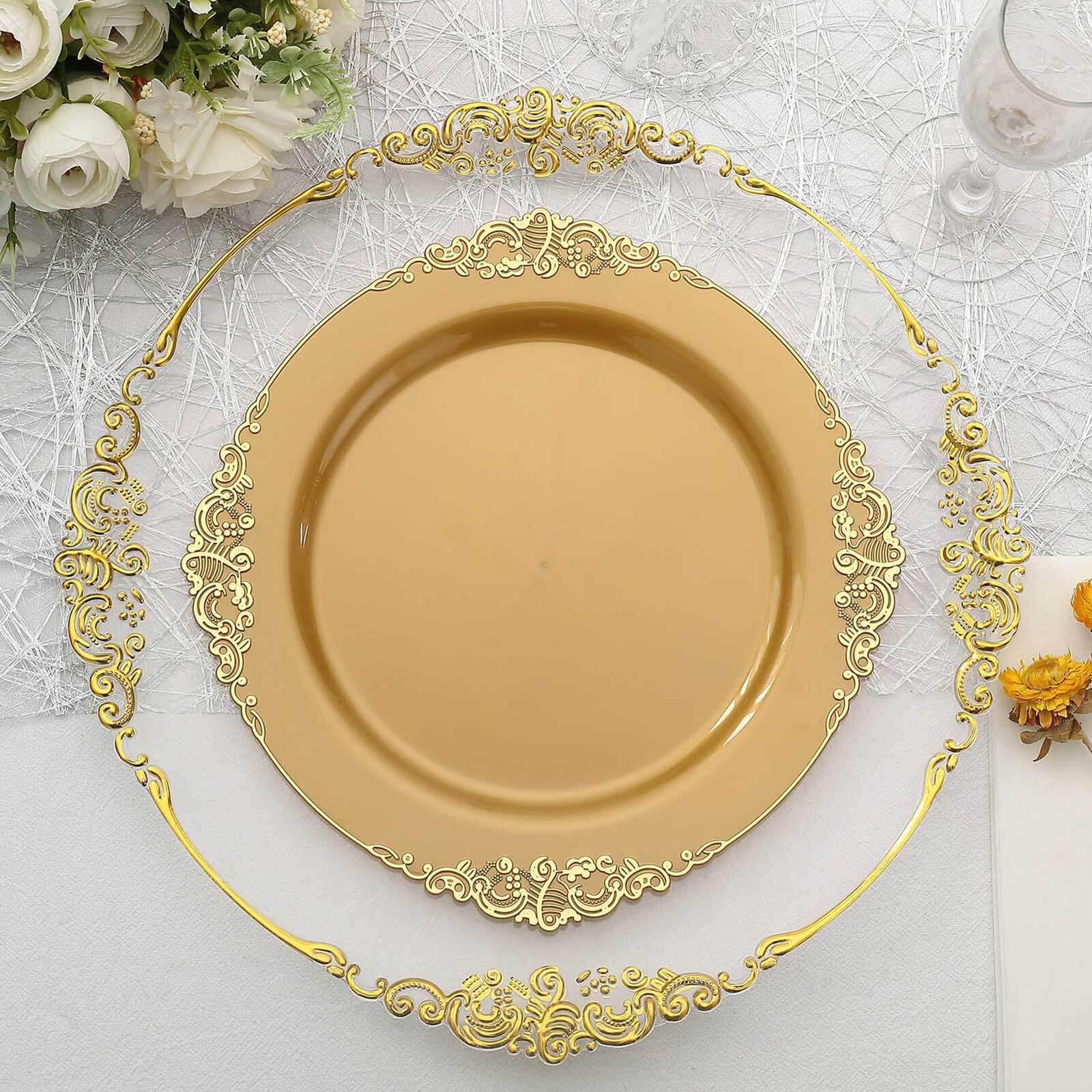 10 - Pack Plastic 10" Round Dinner Plates in Gold with Leaf Embossed Rim - Disposable Vintage Baroque Style Plates for Luxurious Gatherings & Events - Bell Racket Store