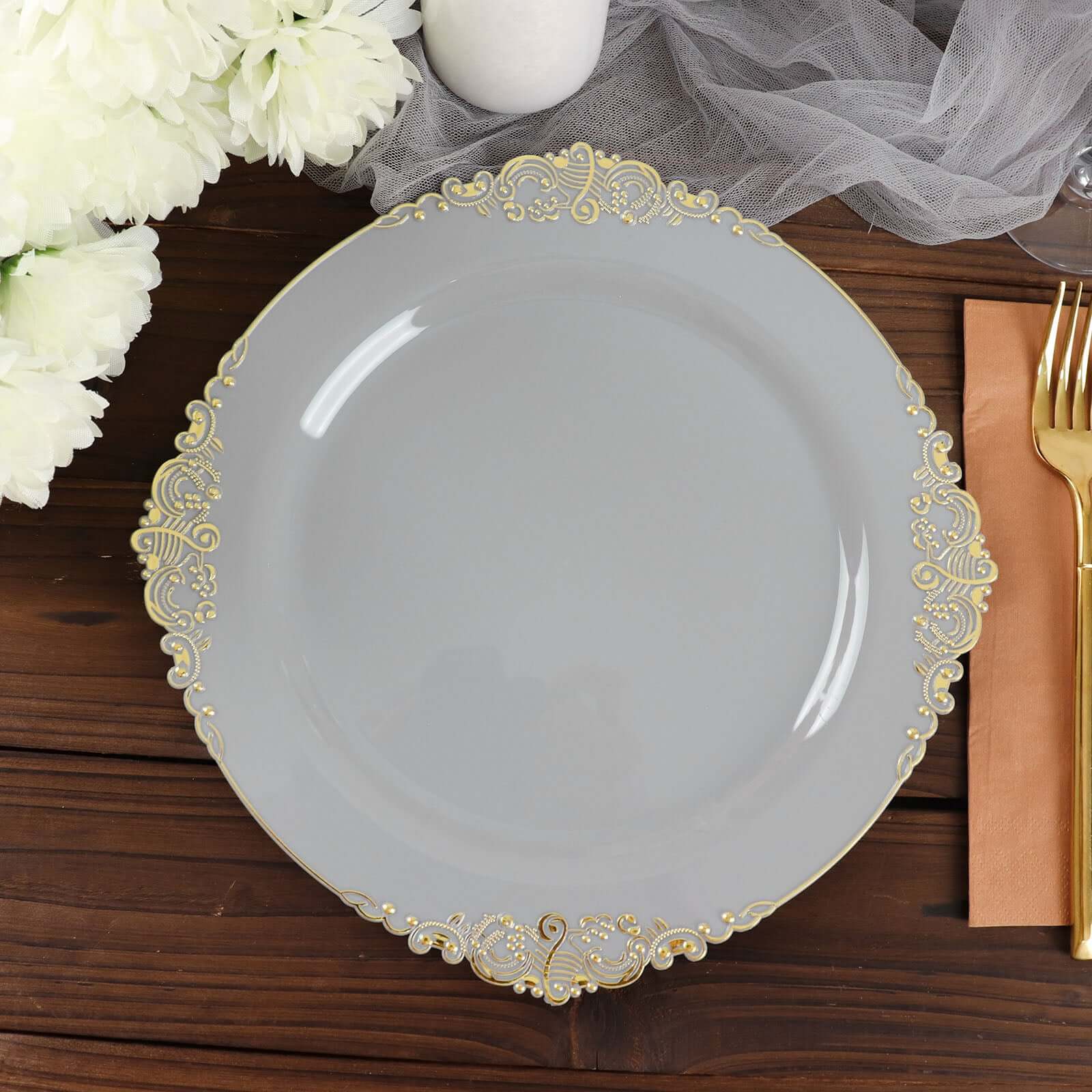 10 - Pack Plastic 10" Round Dinner Plates in Gray with Gold Leaf Embossed Rim - Disposable Vintage Baroque Style Plates - Bell Racket Store