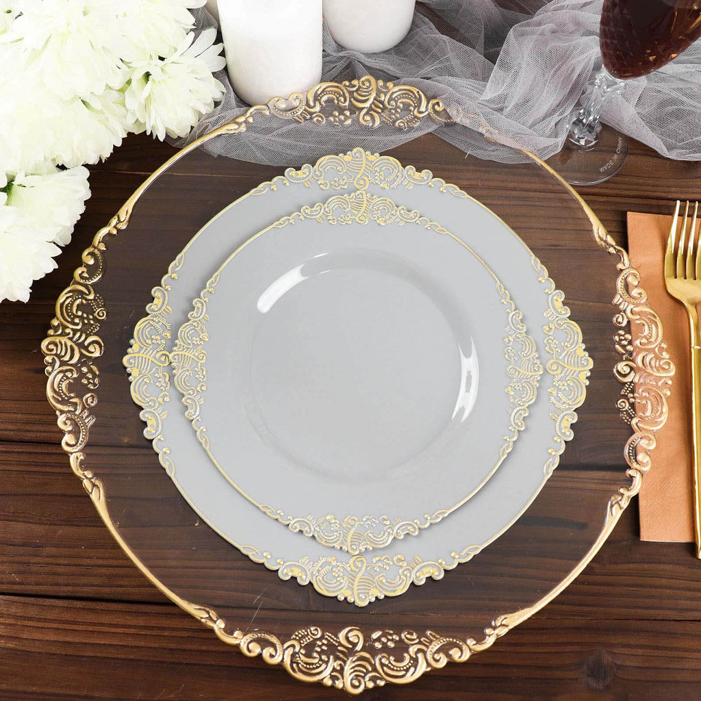 10 - Pack Plastic 10" Round Dinner Plates in Gray with Gold Leaf Embossed Rim - Disposable Vintage Baroque Style Plates - Bell Racket Store