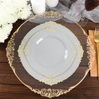 10 - Pack Plastic 10" Round Dinner Plates in Gray with Gold Leaf Embossed Rim - Disposable Vintage Baroque Style Plates - Bell Racket Store