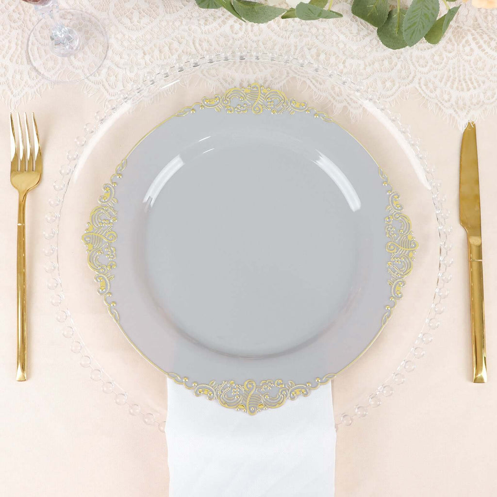 10 - Pack Plastic 10" Round Dinner Plates in Gray with Gold Leaf Embossed Rim - Disposable Vintage Baroque Style Plates - Bell Racket Store