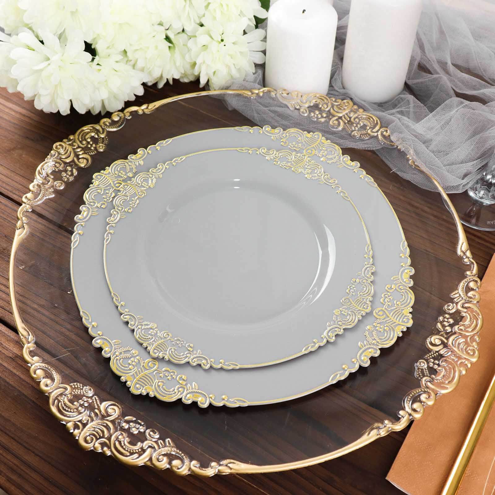 10 - Pack Plastic 10" Round Dinner Plates in Gray with Gold Leaf Embossed Rim - Disposable Vintage Baroque Style Plates - Bell Racket Store