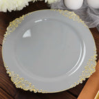 10 - Pack Plastic 10" Round Dinner Plates in Gray with Gold Leaf Embossed Rim - Disposable Vintage Baroque Style Plates - Bell Racket Store