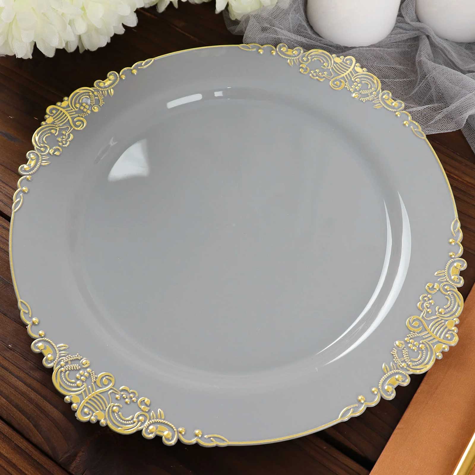 10 - Pack Plastic 10" Round Dinner Plates in Gray with Gold Leaf Embossed Rim - Disposable Vintage Baroque Style Plates - Bell Racket Store
