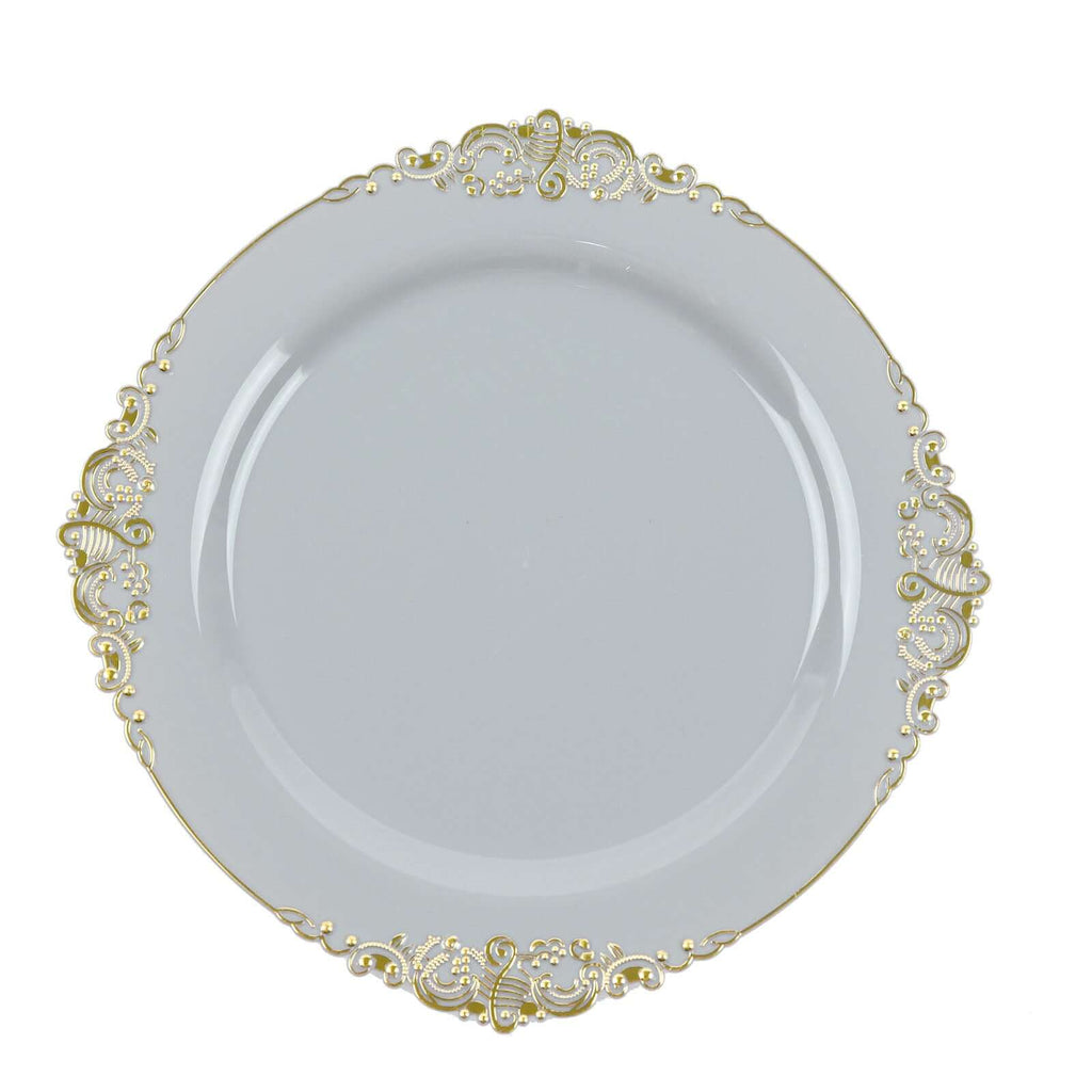 10 - Pack Plastic 10" Round Dinner Plates in Gray with Gold Leaf Embossed Rim - Disposable Vintage Baroque Style Plates - Bell Racket Store