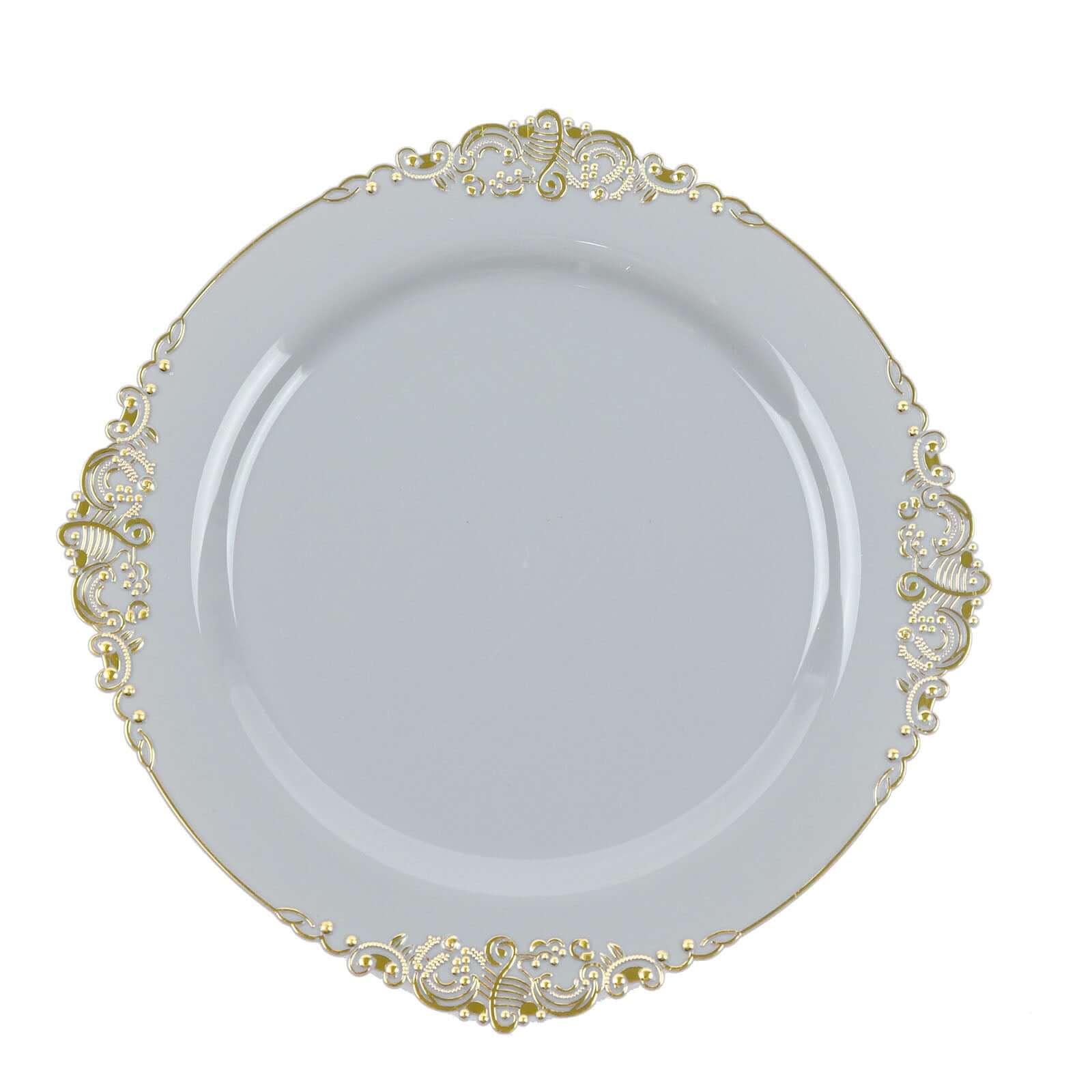 10 - Pack Plastic 10" Round Dinner Plates in Gray with Gold Leaf Embossed Rim - Disposable Vintage Baroque Style Plates - Bell Racket Store