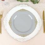 10 - Pack Plastic 10" Round Dinner Plates in Gray with Gold Leaf Embossed Rim - Disposable Vintage Baroque Style Plates - Bell Racket Store