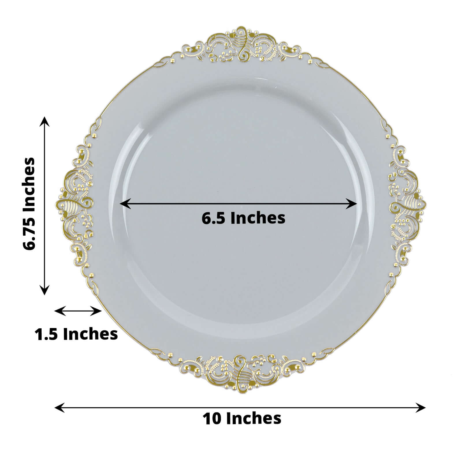 10 - Pack Plastic 10" Round Dinner Plates in Gray with Gold Leaf Embossed Rim - Disposable Vintage Baroque Style Plates - Bell Racket Store