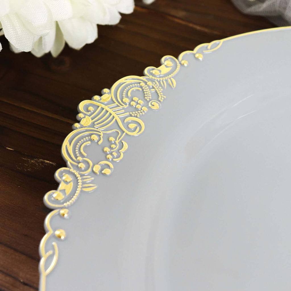10 - Pack Plastic 10" Round Dinner Plates in Gray with Gold Leaf Embossed Rim - Disposable Vintage Baroque Style Plates - Bell Racket Store