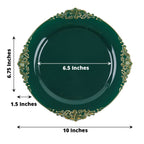 10 - Pack Plastic 10" Round Dinner Plates in Hunter Emerald Green with Gold Leaf Embossed Rim - Disposable Vintage Baroque Style Plates - Bell Racket Store