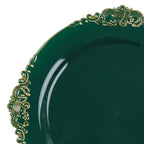 10 - Pack Plastic 10" Round Dinner Plates in Hunter Emerald Green with Gold Leaf Embossed Rim - Disposable Vintage Baroque Style Plates - Bell Racket Store